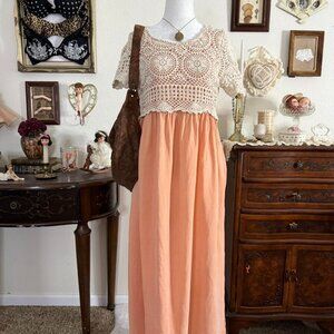 90's whimsical boho maxi length coral babydoll dress w crochet